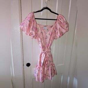 LoveShackFancy Target Collab Pink Floral Puff-Sleeve Wrap Mini Dress